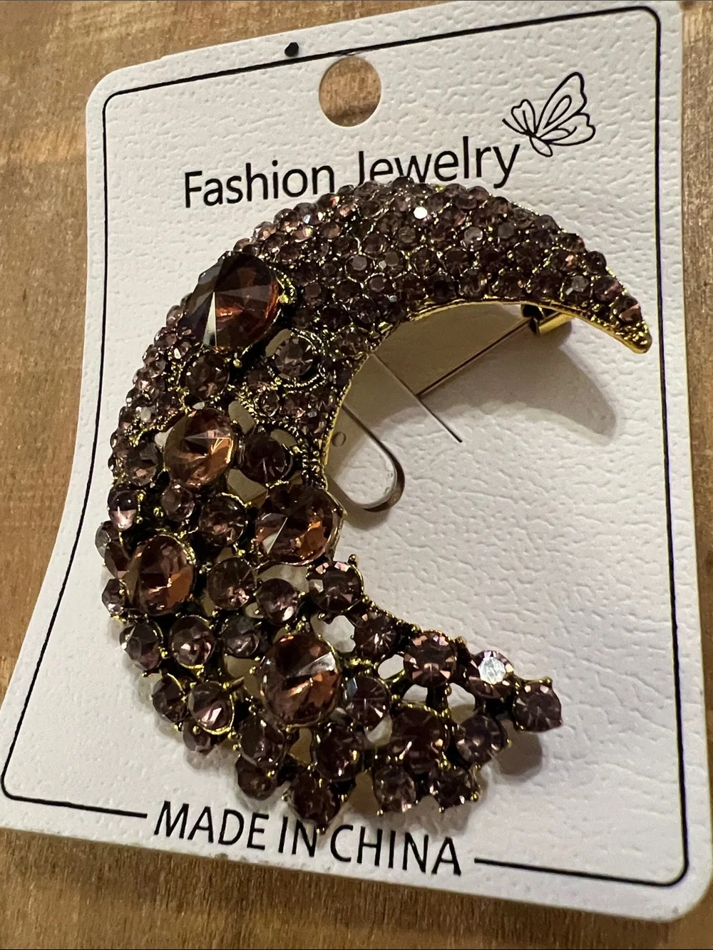 3/$18 Fashion Jewelry Gold-Tone Crescent Moon Brooch with Brown Crystals - 6072